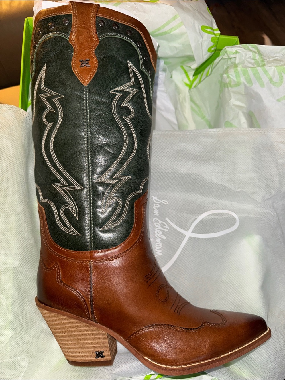 Sam Edelman James2 Brown Leather Western Boots with Dark Green Shaft Sz 8 new - Picture 8 of 8